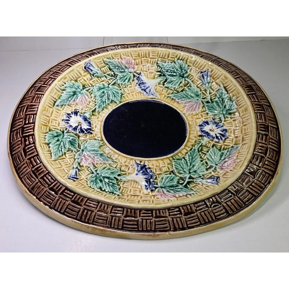 Antique Oval Majolica Basket Weave Footed Platter Floral Bread Bowl Cobalt 12¾